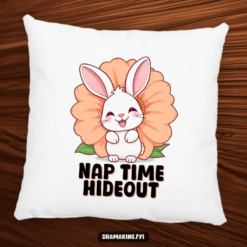 Funny rabbit pillow with a happy bunny peeking from behind a giant flower. Soft and decorative, perfect for adding humor.
