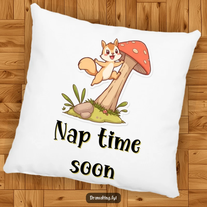 Funny Pillow featuring a soft, plush design of an energetic squirrel character leaping from a tall mushroom, perfect for cozying up.
