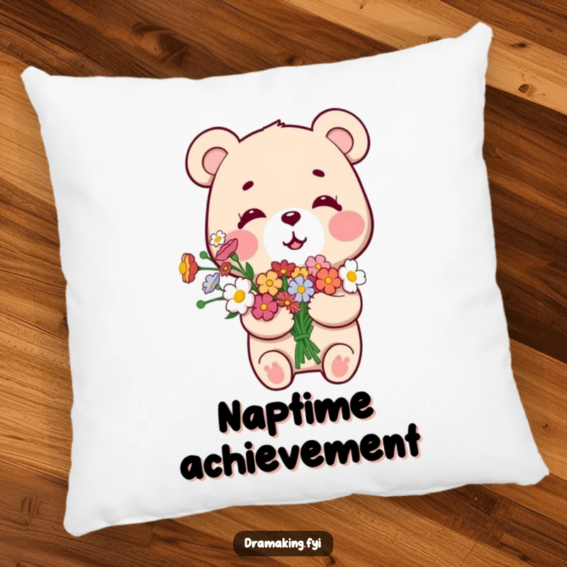 Funny Smug Bear Pillow, showing a small bear with a bouquet of flowers, looking overly pleased with itself, offering cozy charm.