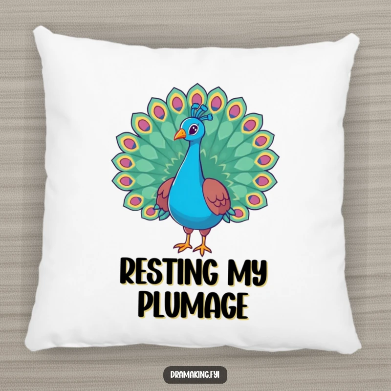 Funny peacock pillow featuring a regal bird with its vibrant tail feathers flared wide, offering a comfortable and humorous decorative touch.
