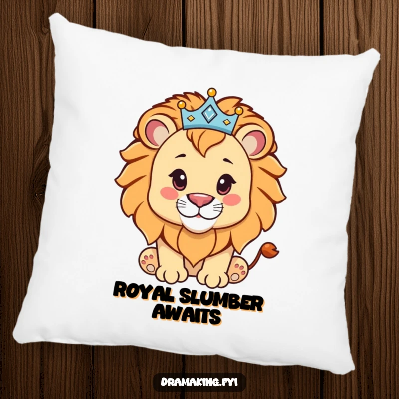 Funny lion cub with a sparkling crown, resting on a cozy pillow, a proud and humorous decoration for a gift.