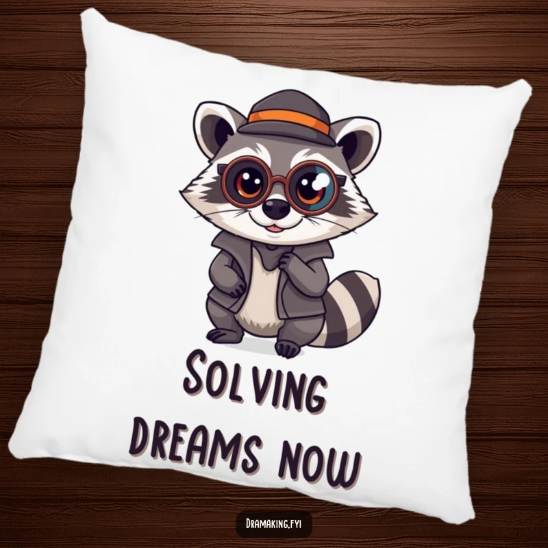 Funny Raccoon Detective Pillow: A mischievous raccoon wearing a monocle poses as a detective, adding cozy humor to a room, funny gift.