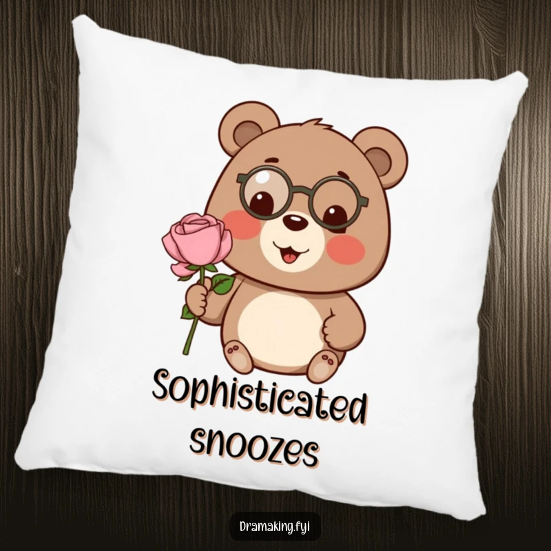 Funny bear pillow, wearing a tiny monocle, presenting an oversized rose, soft and charming decor.
