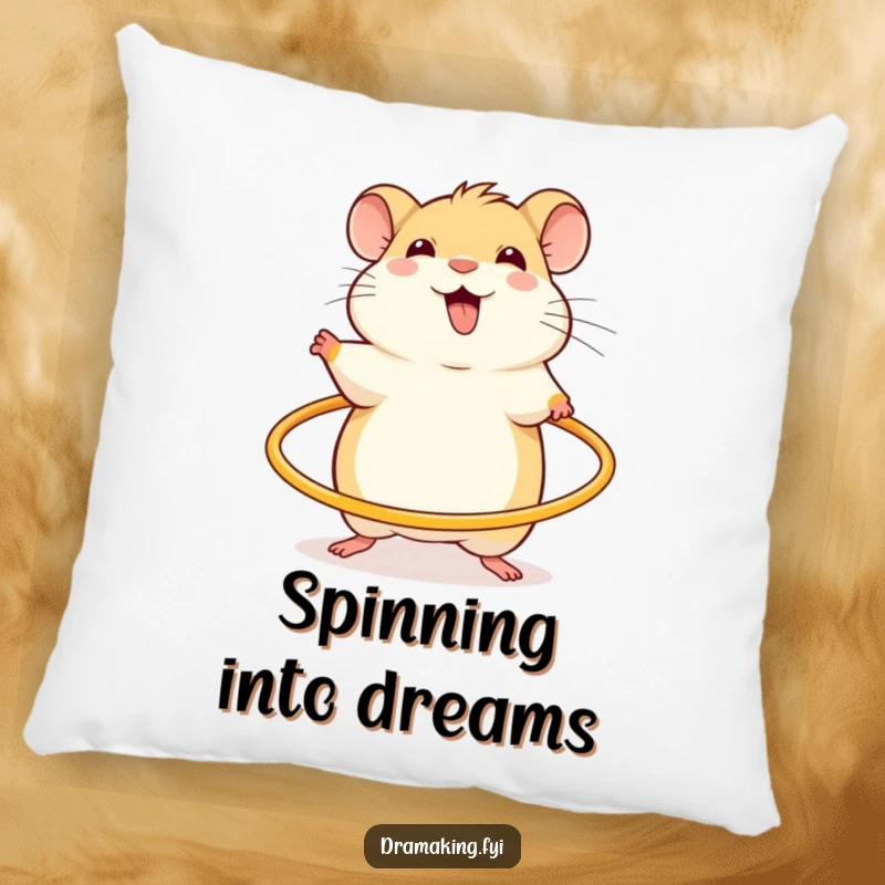 Funny pillow with a cheerful hamster, excited and spinning a miniature hula hoop, for cozy, playful relaxation.