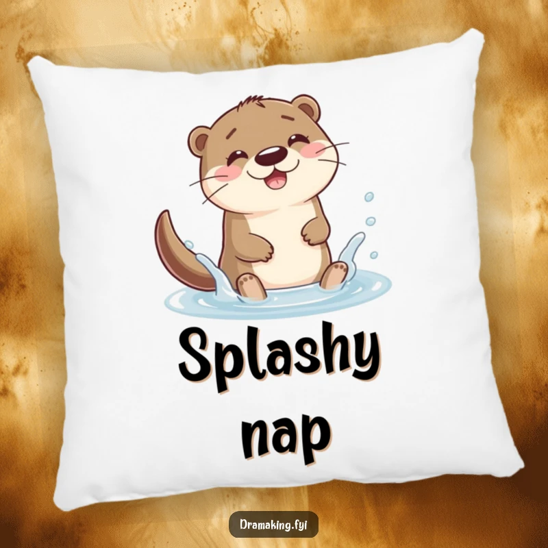 Funny otter character splashing joyfully in a puddle on a pillow, offering cozy happiness and playful decoration.