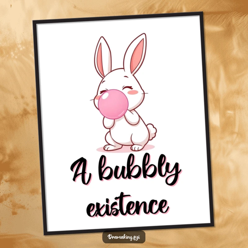 Funny digital art print of a delighted rabbit character blowing a massive, colorful bubblegum bubble, perfect for vibrant decor.