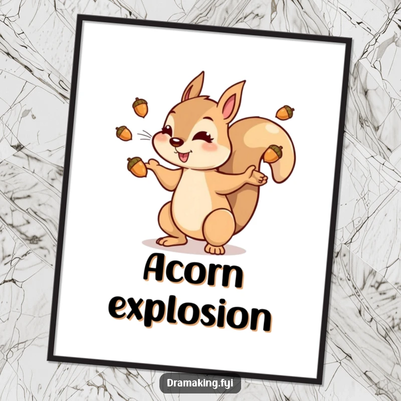 Funny squirrel digital art print of a dramatic character tossing shiny acorns into the air, perfect for instant download and decor.