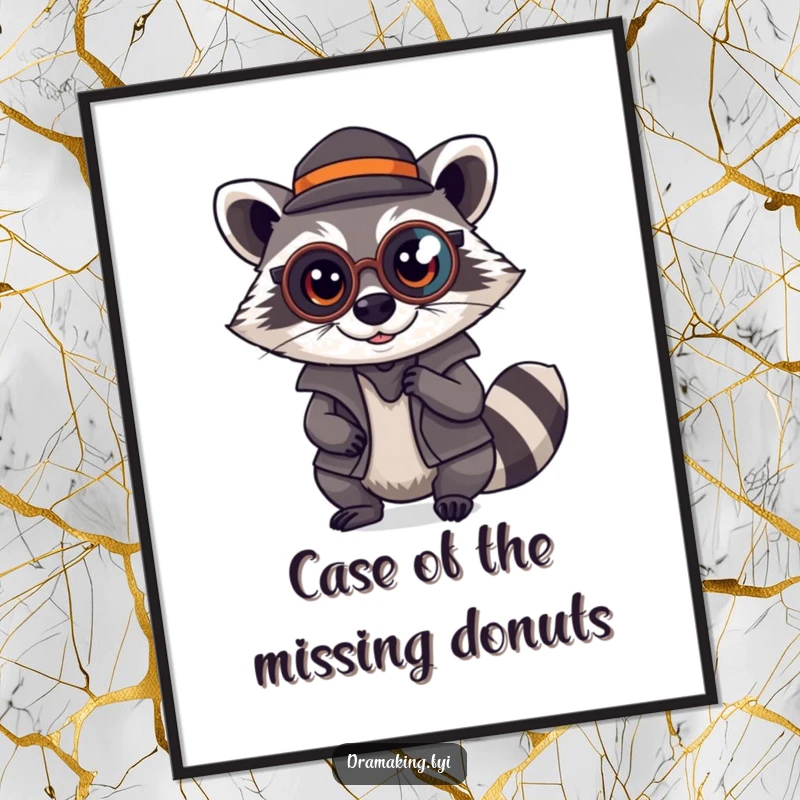 Funny Raccoon Detective Digital Print: A mischievous raccoon in a monocle plays detective, perfect for adding witty and funny wall decor.