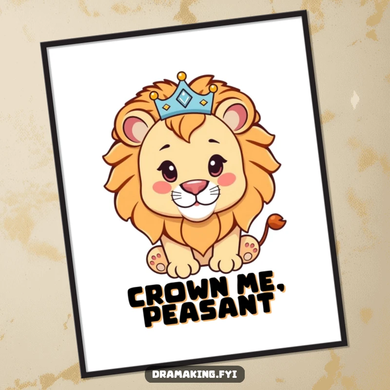 Funny lion cub wearing a sparkling crown, presented as digital art, conveying regal pride and humor for decor.