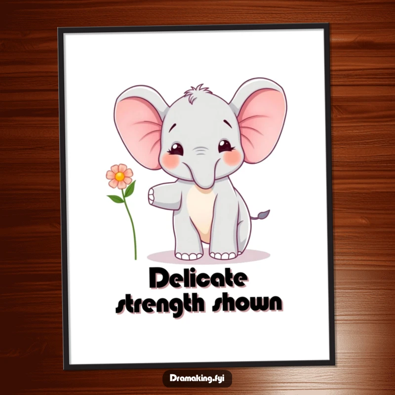 Funny Elephant Calf Balancing Digital Print: A joyful elephant calf balances with a flower, creating uplifting and funny wall decor.