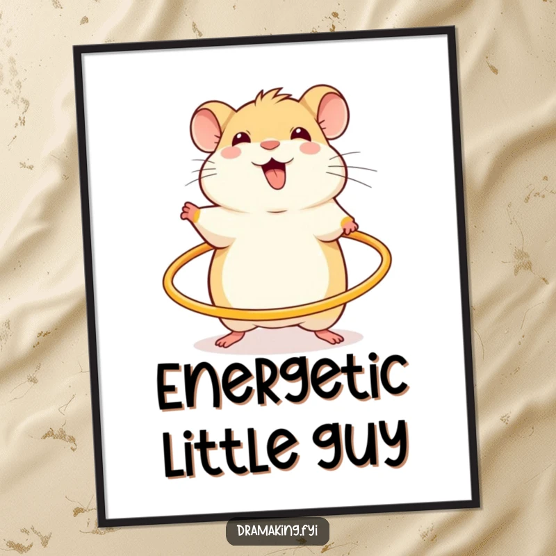 Funny digital art print of a cheerful hamster, excited and spinning a miniature hula hoop, for energetic wall art.