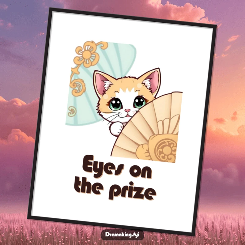 Funny digital art print of a curious cat with wide eyes peeking from behind a detailed fan, ideal for intriguing decor.