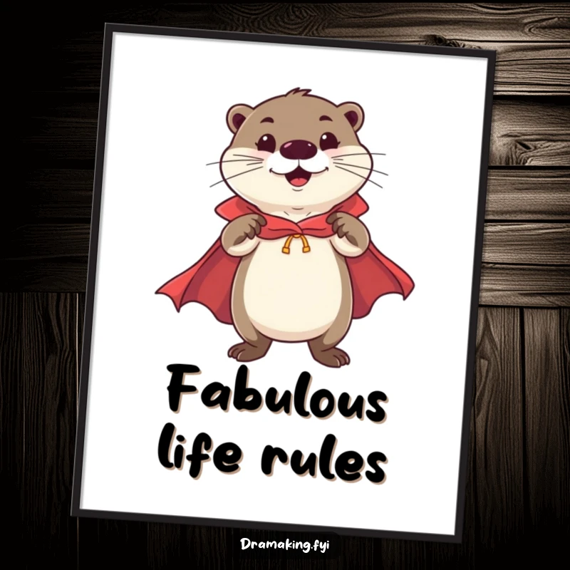 Funny Otter Hero Digital Art Print of a cheerful otter in a cape striking a flamboyant, confident pose, for funny digital display.