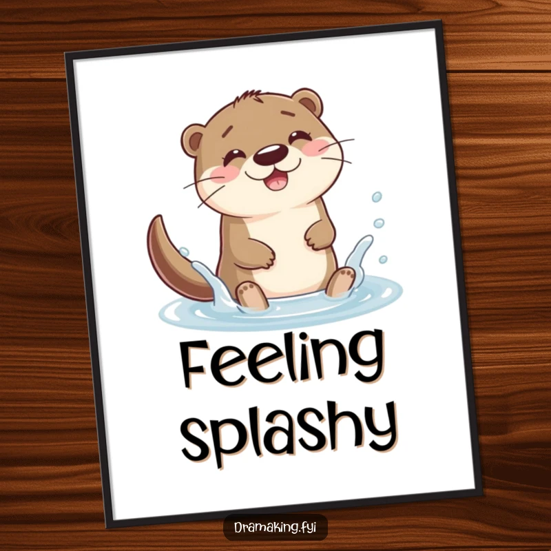 Funny otter character splashing joyfully in a puddle on a digital art print, radiating happiness and playful energy.