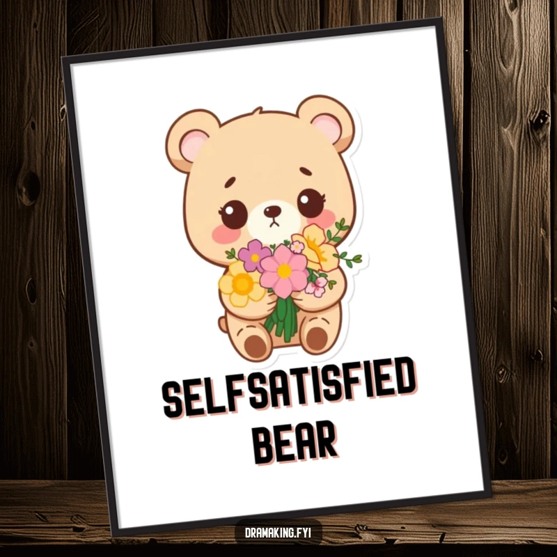 Funny digital art print of a small bear with flowers, looking extremely pleased with itself, ready to spread smug joy.