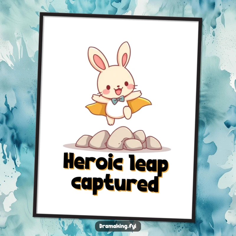 Funny digital art print of a playful bunny wearing a cape, leaping over small imaginary obstacles, ready to spread cheer.