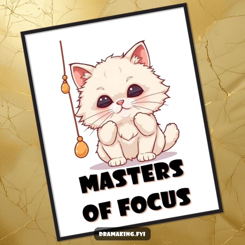 Funny cat digital art print of a fluffy cat batting a string with pursed lips, exuding playful energy and humorous intensity.