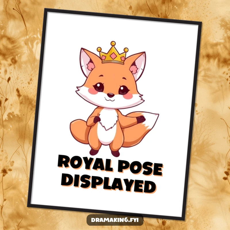 Funny digital art print of a cute fox wearing a crown, striking a dramatic pose, ready to add regal humor.