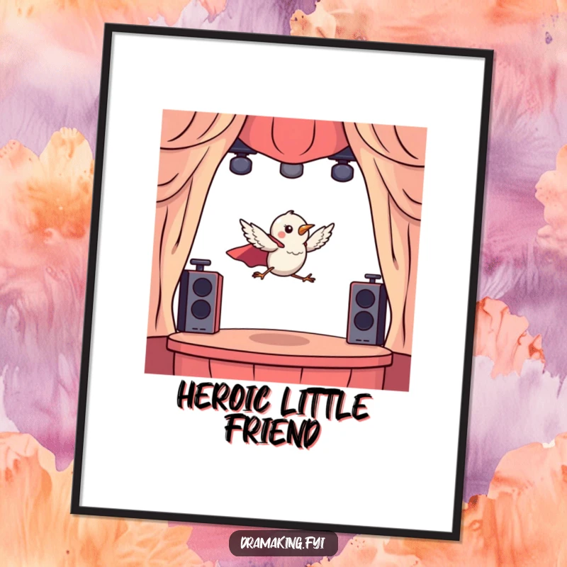 Funny digital art print of a tiny bird wearing a cape, dramatically leaping from a miniature stage, for dramatic wall art.