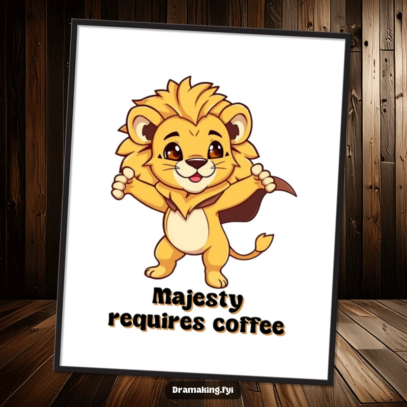 Funny Lion Cub Digital Print: A proud lion cub in a dramatic cape strikes an epic pose, creating heroic and funny wall art.