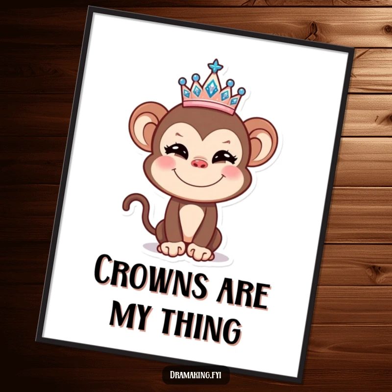 Funny Monkey Tiara Digital Art Print of a mischievous monkey balancing a shiny crown, ready to add comedic royalty to any wall.