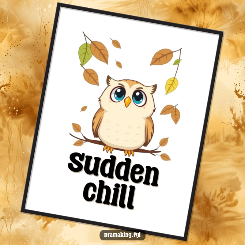 Funny Owl Digital Art: A wide-eyed owl gazes up in comical surprise at a shower of oversized falling autumn leaves.