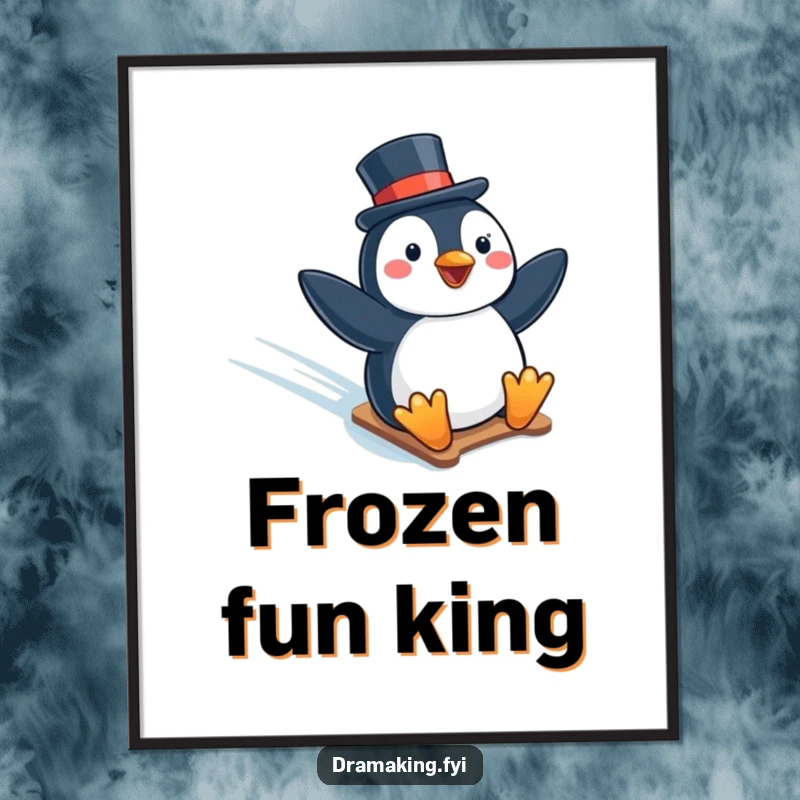 Funny digital art print of a penguin in a top hat humorously sliding down an icy slope, adding winter cheer and amusement.
