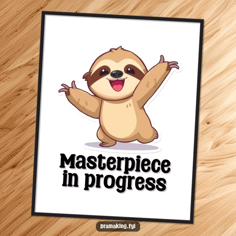 Funny sloth digital art print of a delighted character slowly entering an exaggerated, dramatic pose, ready to download and display.