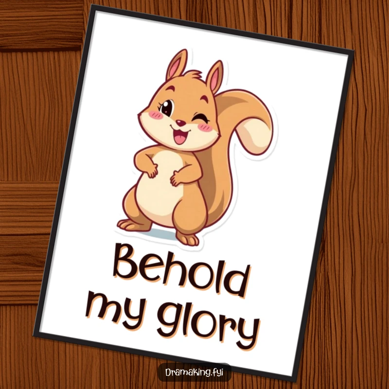 Funny digital art print of a cheerful squirrel striking a dramatic pose with arms outstretched, inspiring energy and humor for any room.