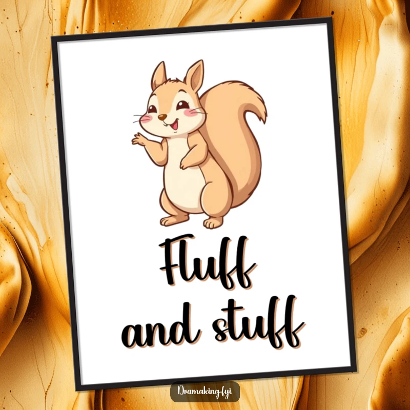 Funny happy squirrel digital art print striking a dramatic pose with tail fluffed high, high-resolution art.