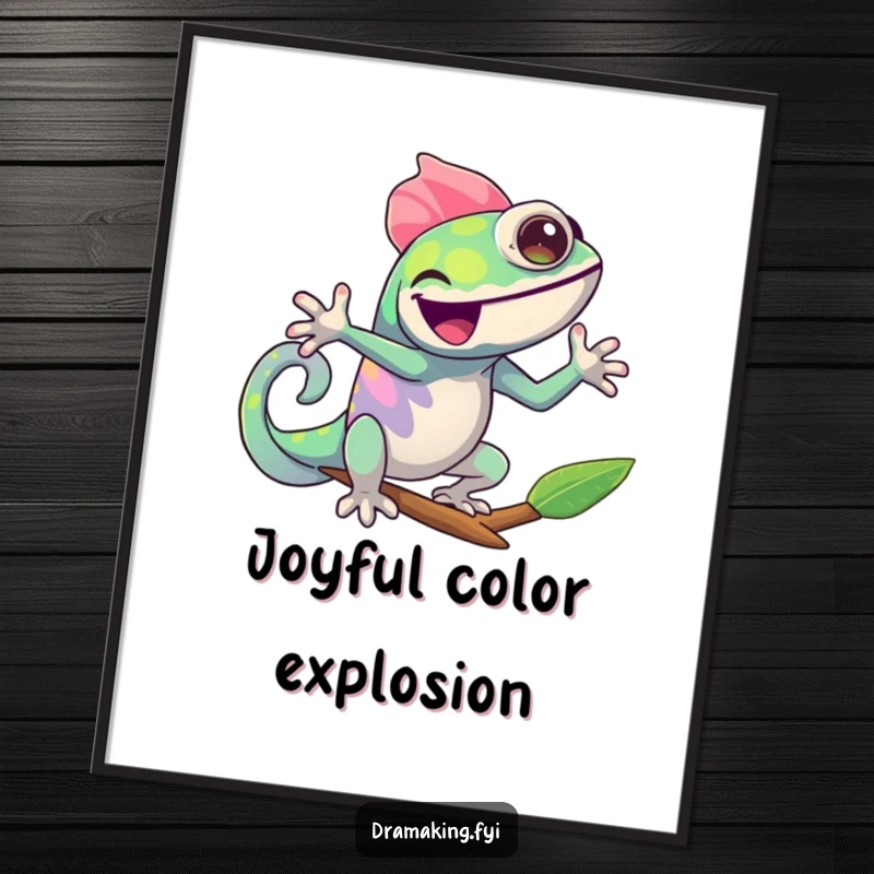 Funny Chameleon Digital Art Print: A cheerful chameleon joyfully changing colors in a dramatic pose, offering downloadable humor and vibrant charm.