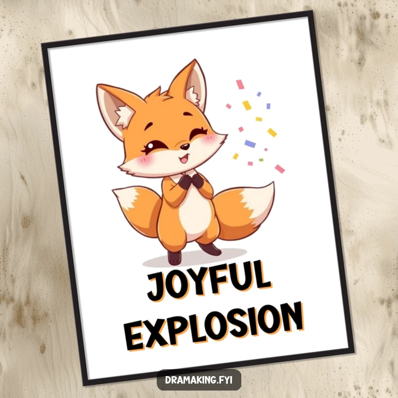 Funny fox digital art print, depicting a cute fox dramatically throwing confetti while posing, humorous and printable wall decor.