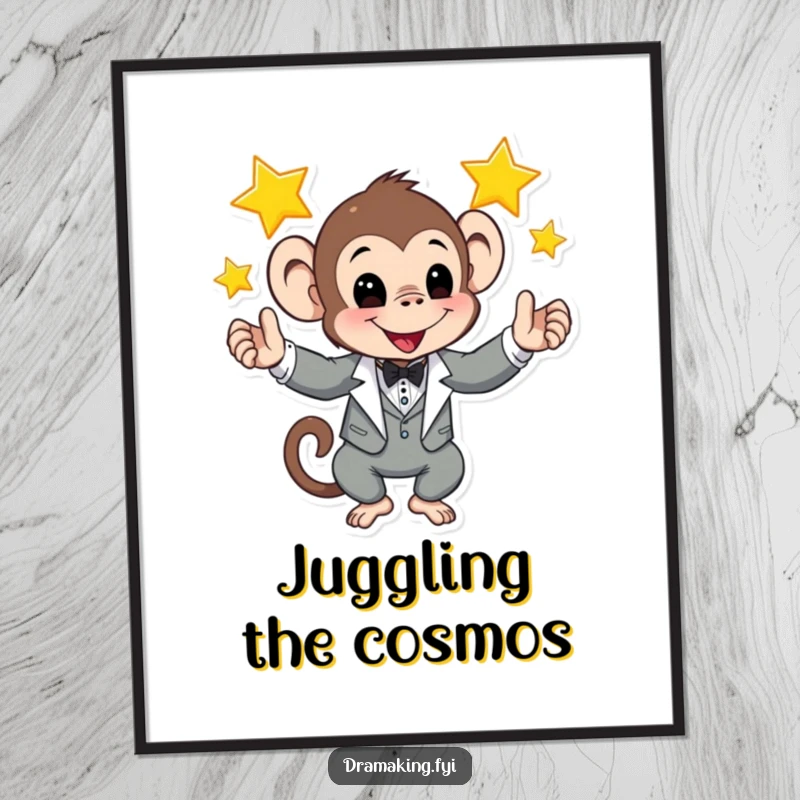 Funny digital art print of a monkey in a tuxedo juggling shining stars, adding a humorous and celestial ambiance.