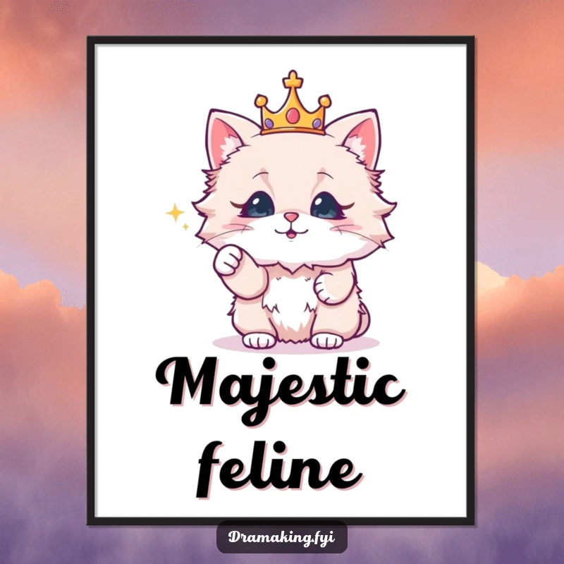 Funny digital art print of a fluffy cat wearing a crown, dramatically pointing at a sparkling object, for regal wall decor.