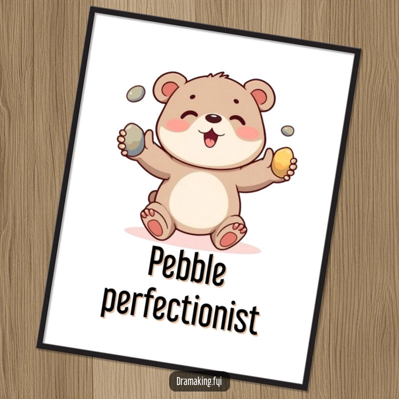 Funny digital art print of a cheerful bear cub excitedly juggling three shiny pebbles, ideal for cute and humorous decor.