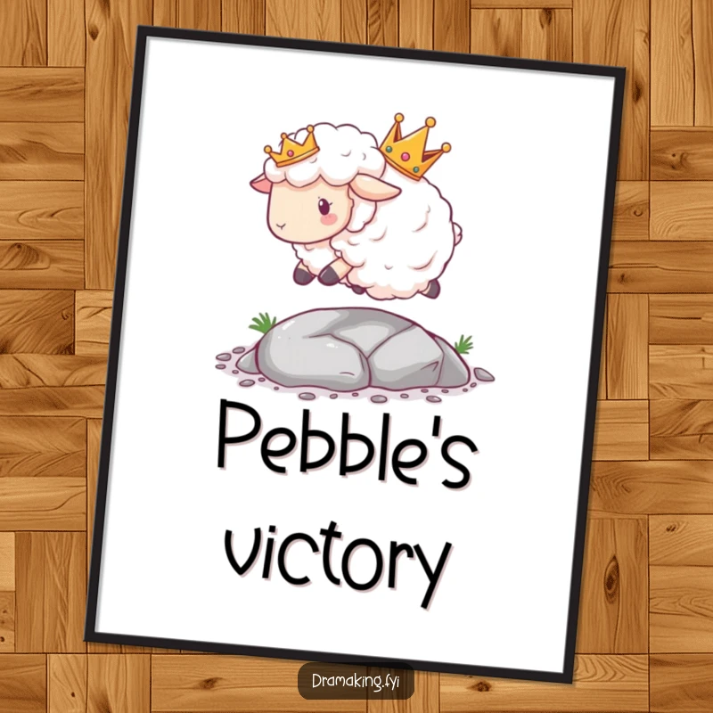 Funny Sheep Crown Digital Art Print of a fluffy sheep with a crown tripping over a tiny pebble, instant download for humor.