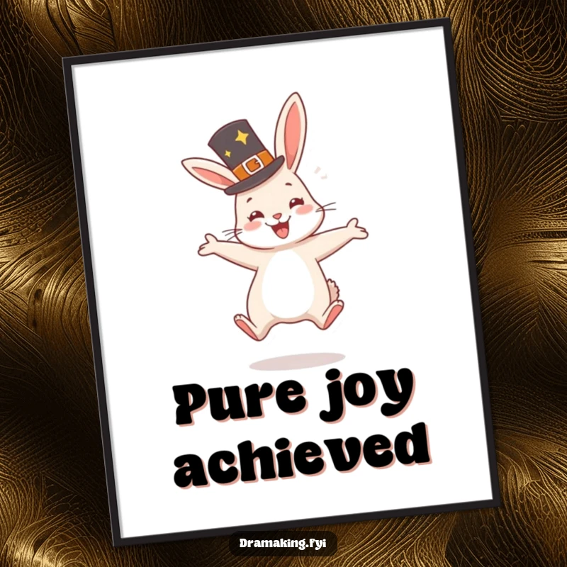 Funny Rabbit Hat Digital Art Print of a very happy rabbit wearing a fancy hat, jumping with glee, instant download art.