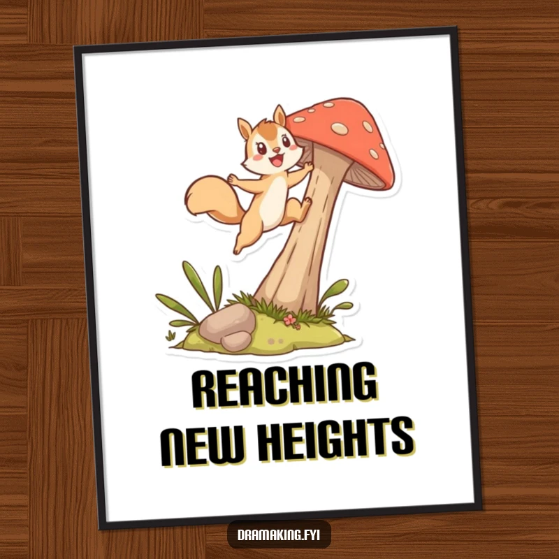 Funny Digital Art Print of an energetic squirrel character leaping dynamically from a tall mushroom, delivering instant humorous wall decor.