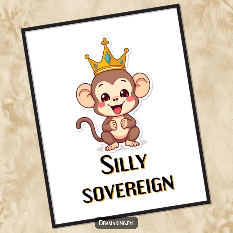 Funny monkey digital art print, depicting a playful monkey wearing a crown and striking a regal yet silly pose, humorous and printable decor.