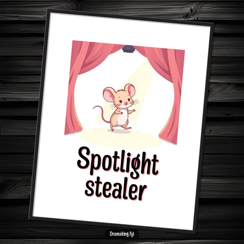 Funny digital art print of a timid mouse tiptoeing across a stage with a spotlight shining, perfect for humorous and inspirational wall decor.