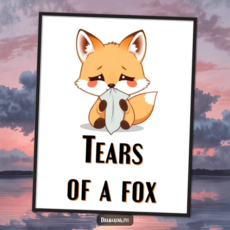 Funny digital art print of a small fox dramatically weeping into a tiny handkerchief, perfect for adding humorous and emotional wall decor.