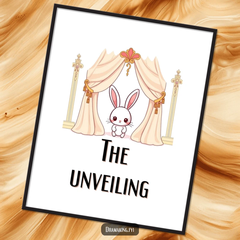 Funny rabbit digital art print of a curious character peeking from behind an ornate curtain, perfect for instant download and decor.