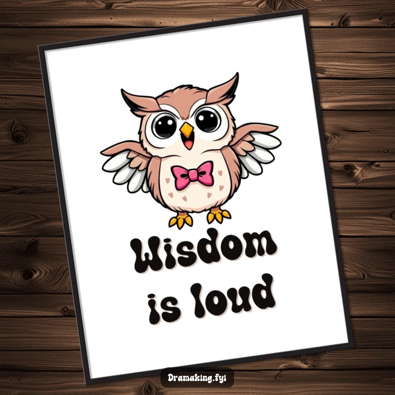 Funny digital art print of a triumphant owl wearing a bowtie, hooting loudly with wings outstretched, exuding elegance.