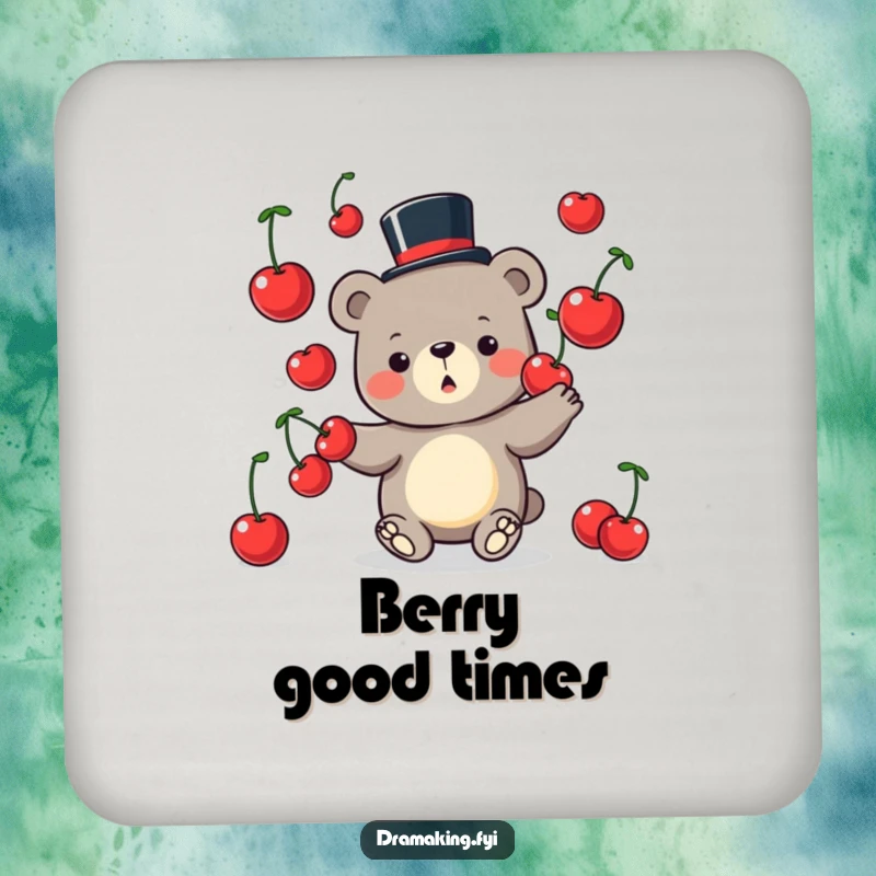 Funny Bear Coaster featuring a silly bear juggling cherries, protecting surfaces with whimsical humor.