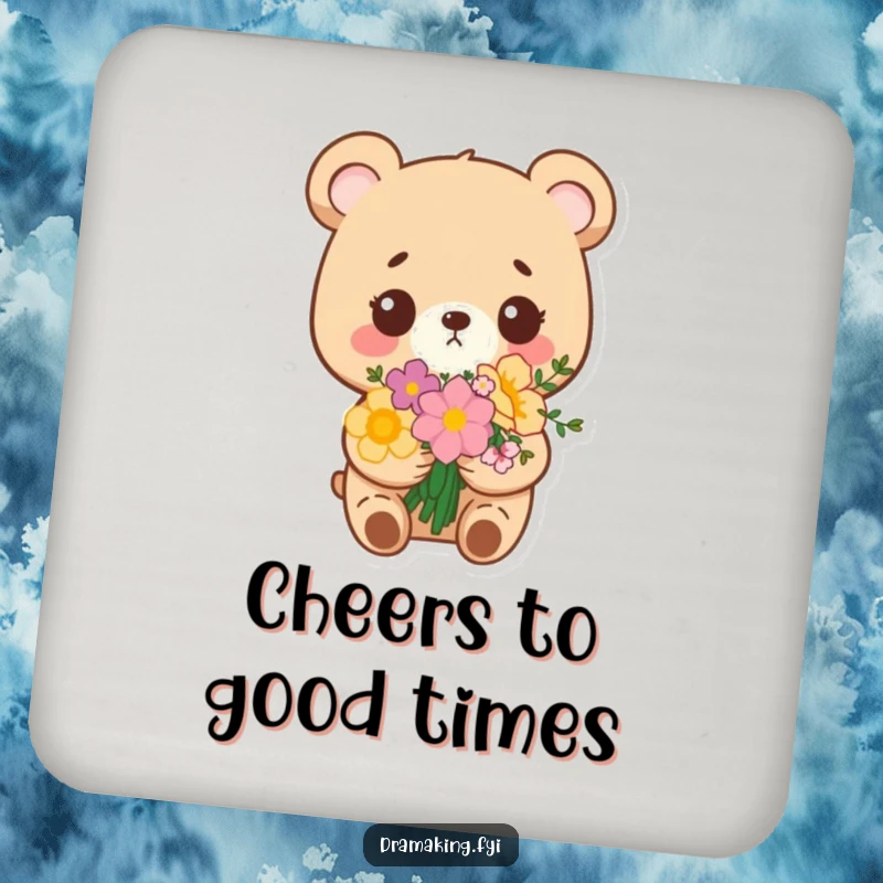 Funny drink coaster featuring a small bear holding a flower bouquet, looking very pleased with itself, protecting surfaces.