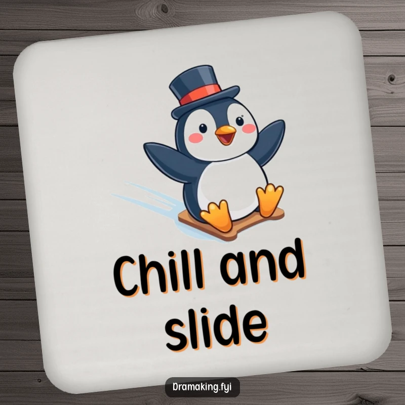 Funny coaster featuring a penguin in a top hat humorously sliding down an icy slope, a small piece of art for your table.