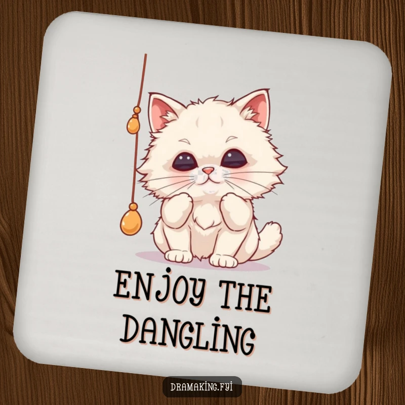 Funny cat drink coasters featuring a fluffy cat batting a string with pursed lips, adding humorous protection to surfaces.