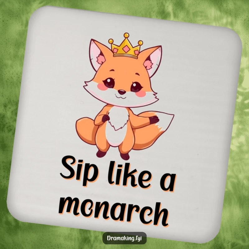 Funny drink coaster featuring a cute fox wearing a crown, striking a dramatic regal pose, protecting surfaces with charm.