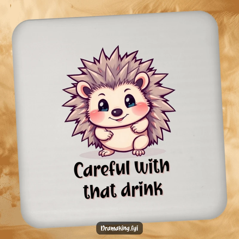 Funny Hedgehog Coaster: A curious hedgehog with bristling spines striking a dramatic pose, protecting surfaces with humorous animal charm.