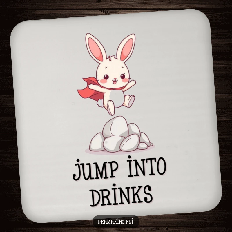 Funny Hero Bunny Coaster Set, depicting a playful bunny wearing a cape, leaping over imaginary obstacles, offering cheerful surface protection.